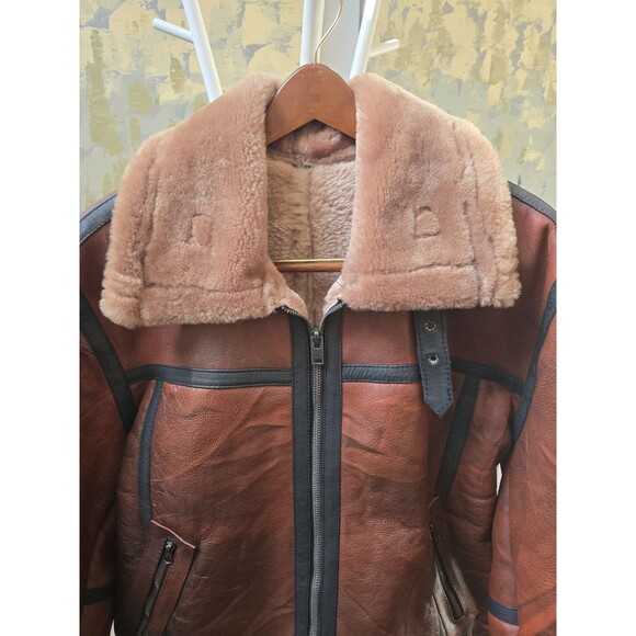 Women Sz XL Bomber Brown Aviator Flying Shearling Fur Real Leather Jacket Coat - Picture 2 of 16